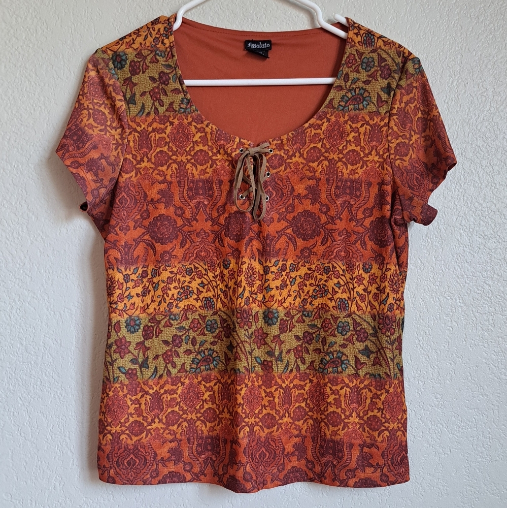 Womans Orange Boho Fall Floral Lace Tee Size Large